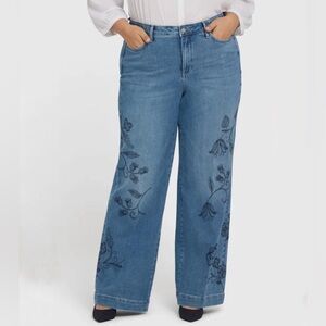 NYDJ Teresa Floral Embroidered Wide Leg High Waisted Jeans Water Canyon Size 20W